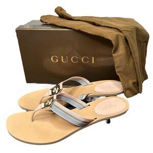 GUCCI GG Kitten Heel Beige Sandals Web Canvas Pink Blue Striped Thong Size 9.5